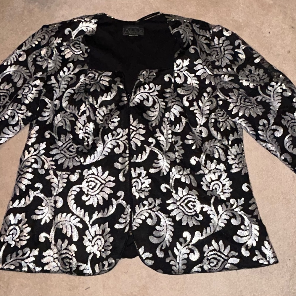 Alex Evenings Black and Silver Floral Blazer